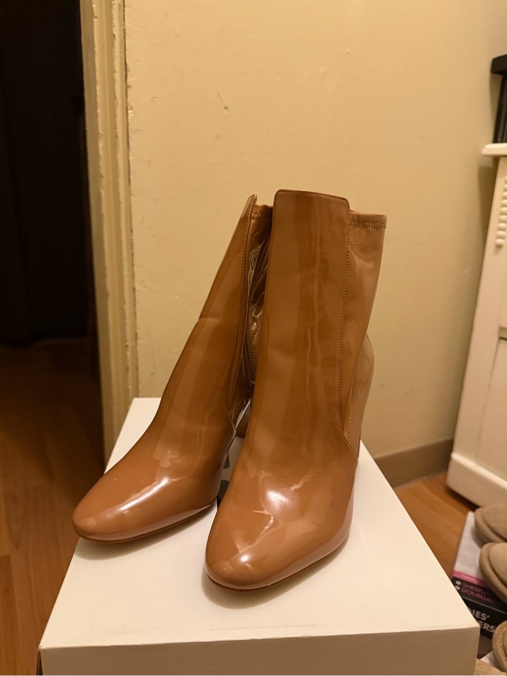 Aldo Patent Tan Chelsea Ankle Boots